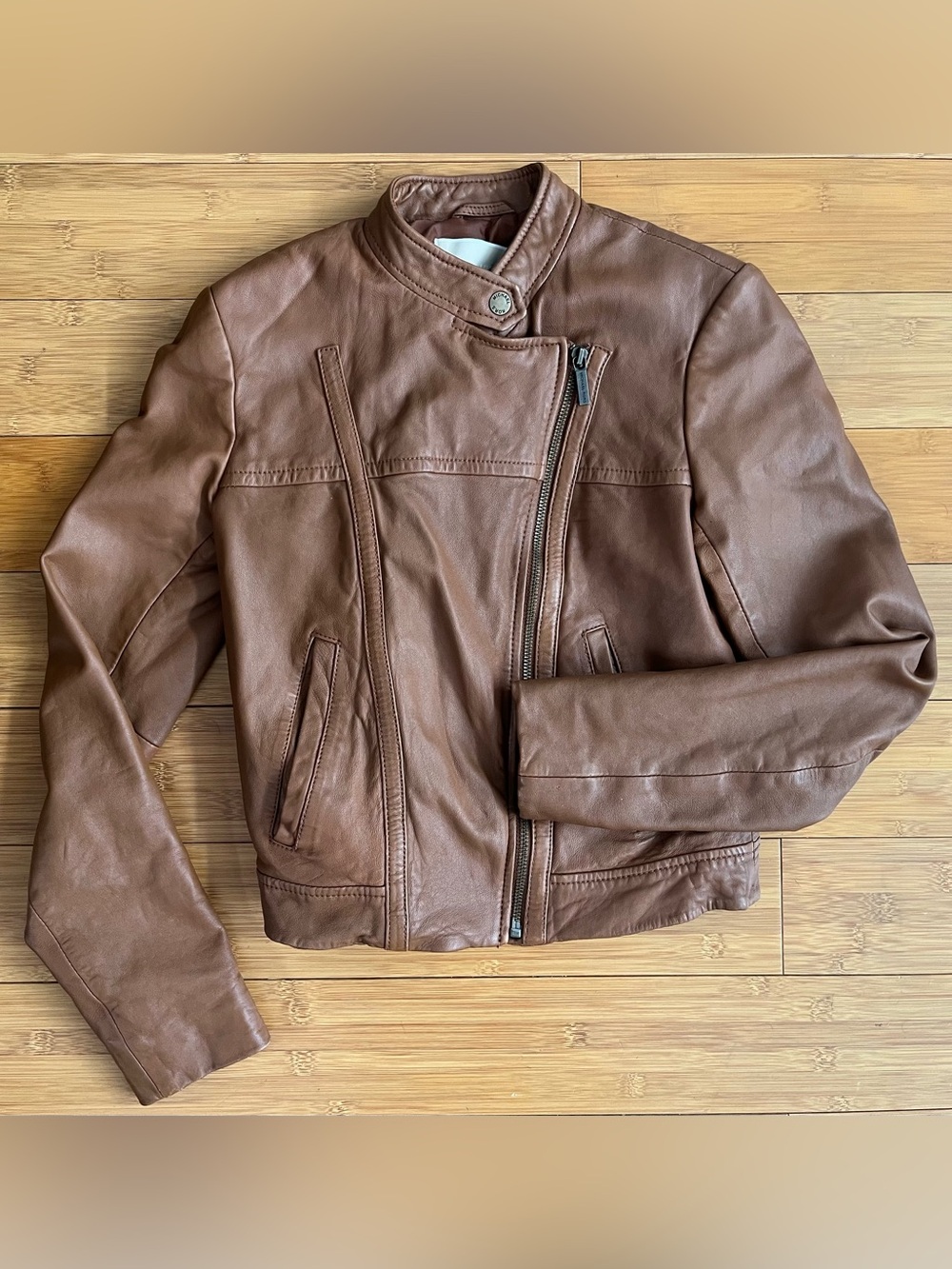 Michael Kors Cognac Leather Moto Jacket 100% Lambskin Leather Brown